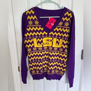 FOCO Women's NCAA College Team Logo Ugly Holiday V-Neck Sweater LSU Tigers Sz L